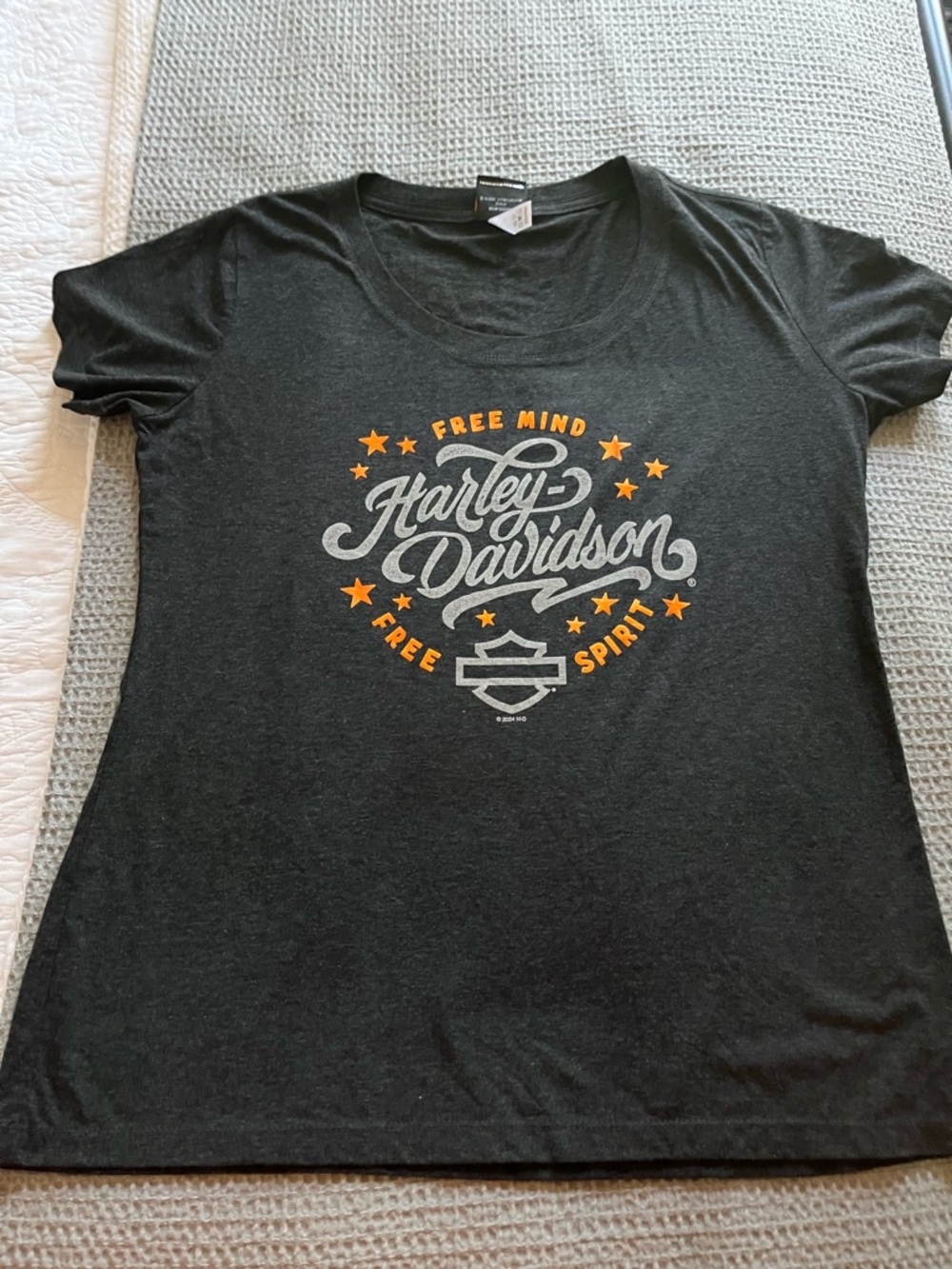 Harley-Davidson Women's Charcoal Tee with White and Orange Script Logo - Picture 4 of 4